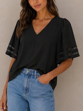 V-Neck Women's Top with Sheer Tiered Sleeves (Black)